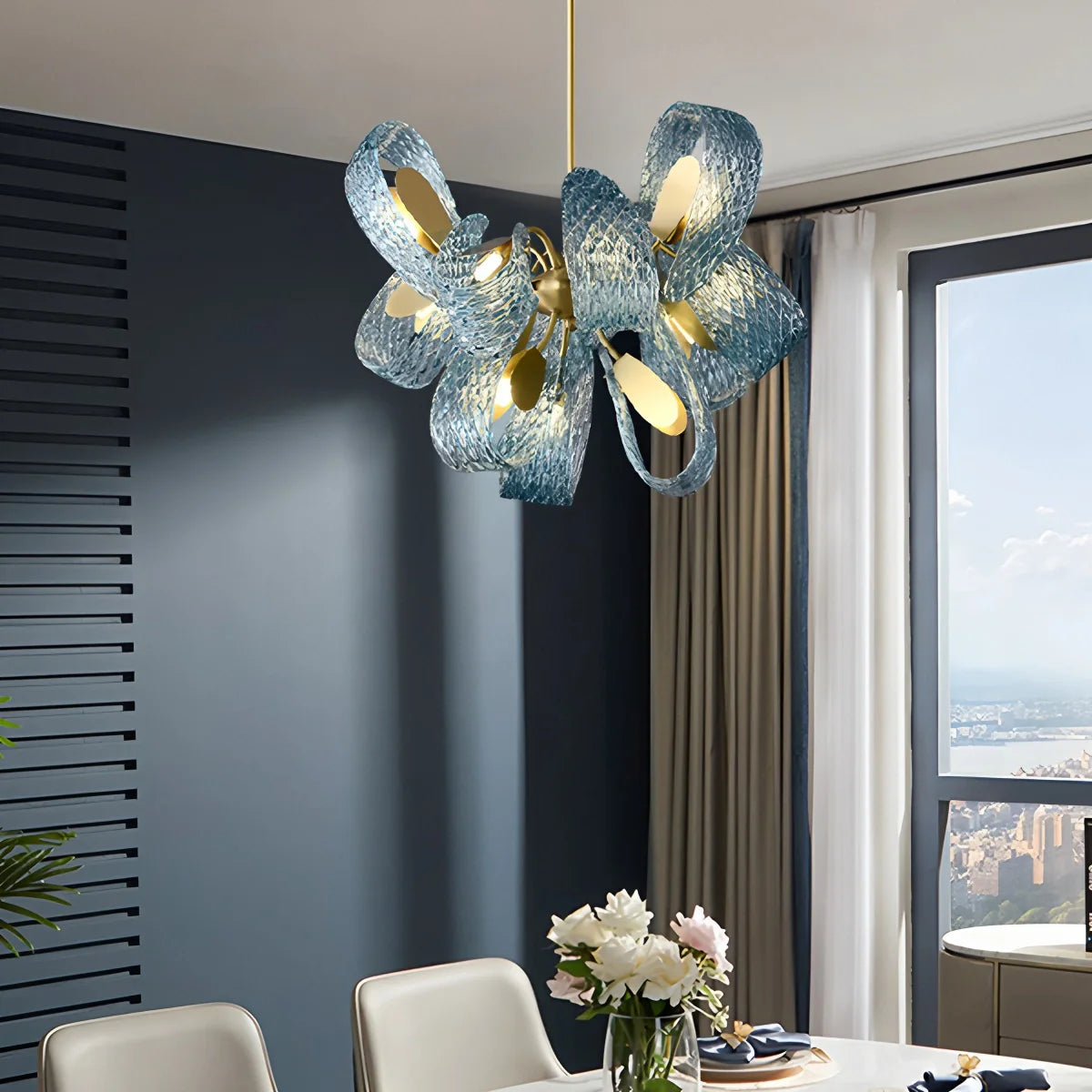 Feyran Peacock Blue Art Glass Chandelier for Dining Room