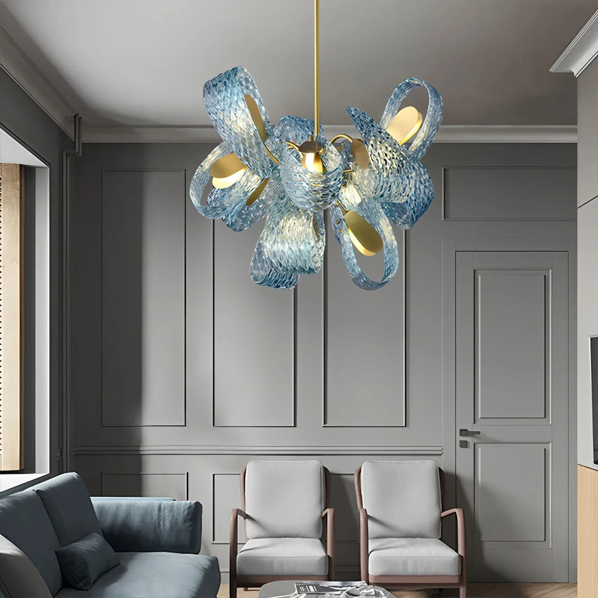 Feyran Peacock Blue Art Glass Chandelier for Dining Room