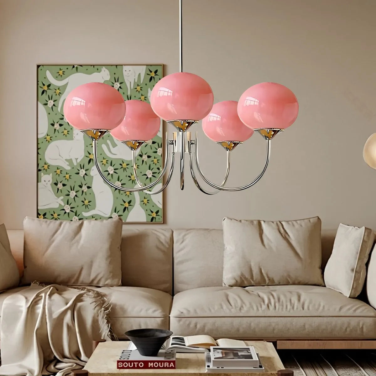 Feyran Pink Glass Globe Arm Chandelier for Living Room