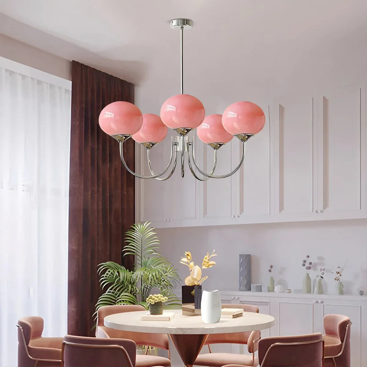 Feyran Pink Glass Globe Arm Chandelier for Living Room