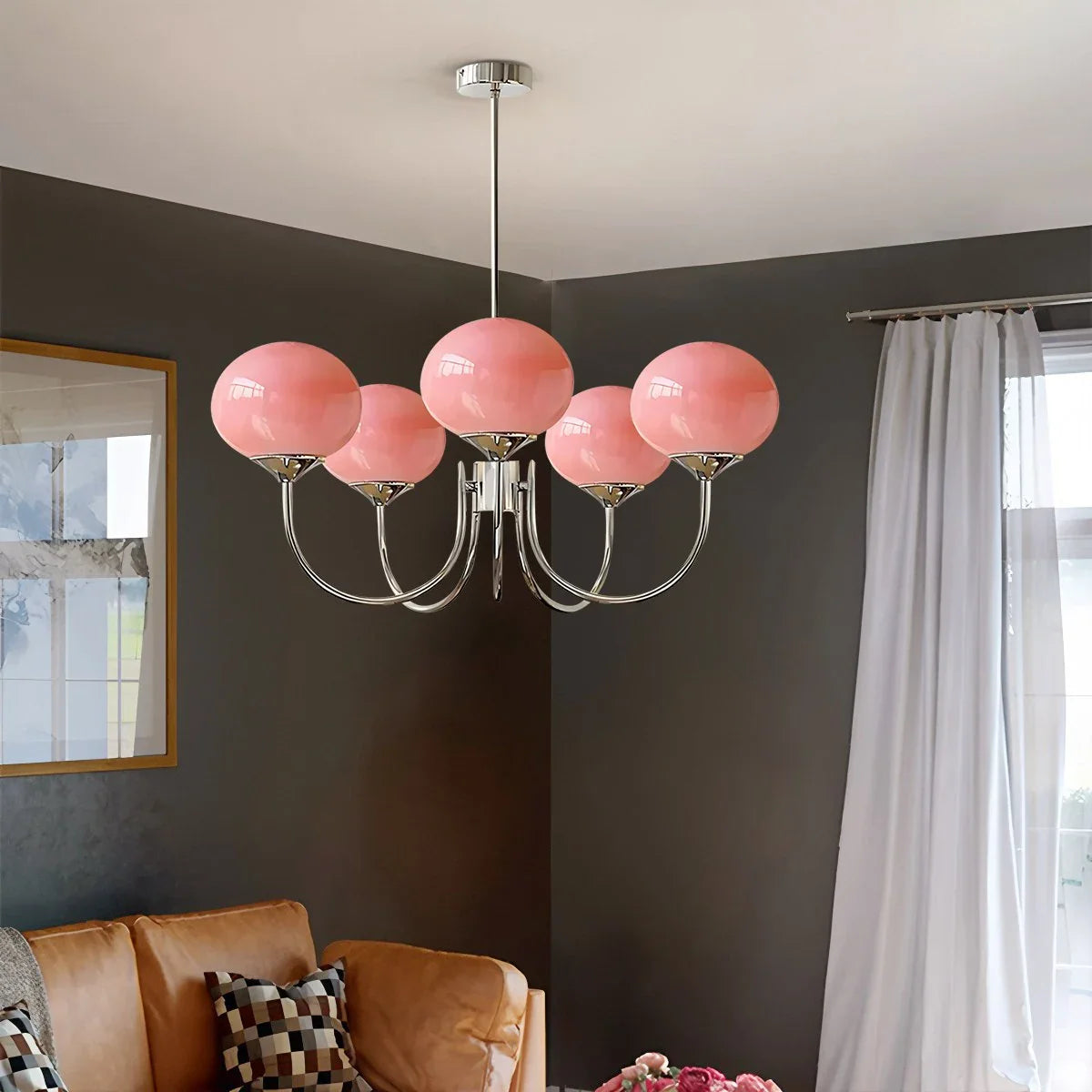 Feyran Pink Glass Globe Arm Chandelier for Living Room