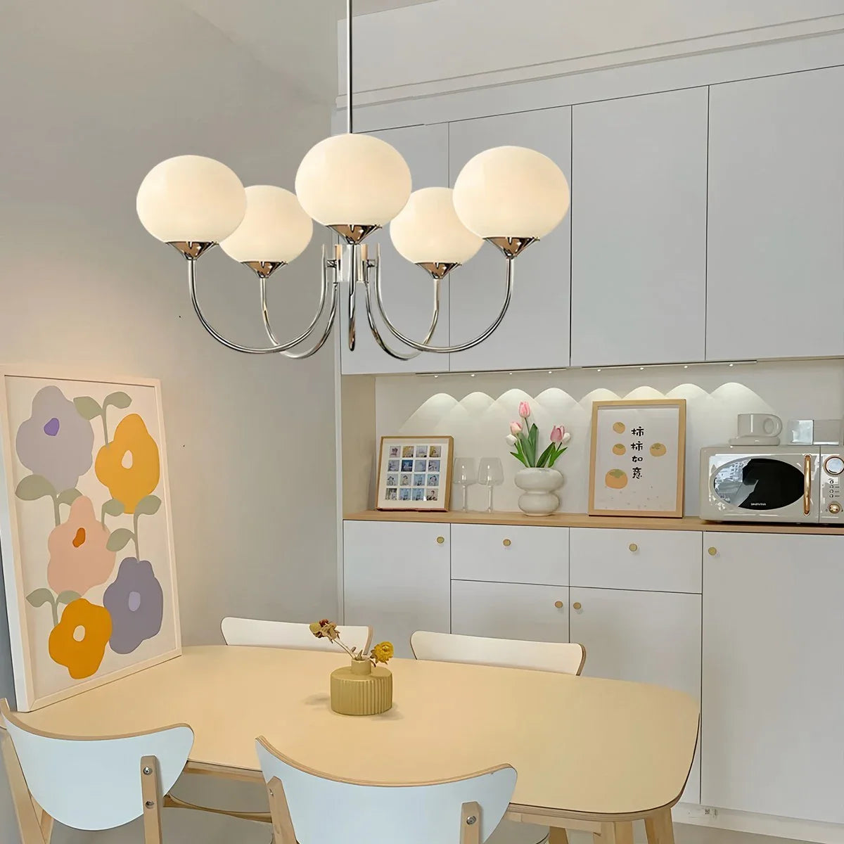 Feyran Pink Glass Globe Arm Chandelier for Living Room