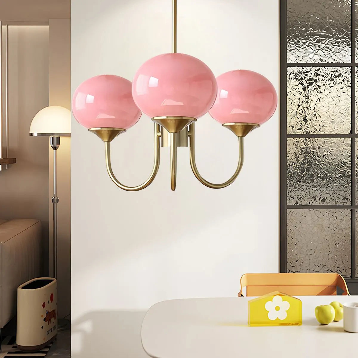 Feyran Pink Glass Globe Arm Chandelier for Living Room