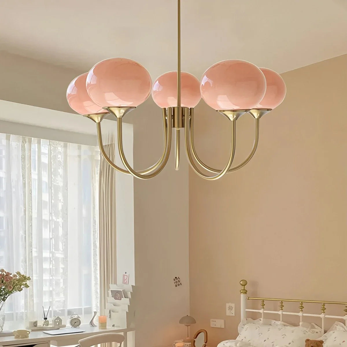 Feyran Pink Glass Globe Arm Chandelier for Living Room