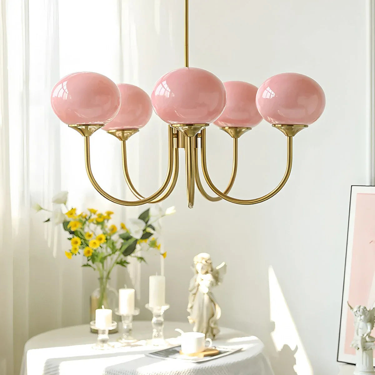 Feyran Pink Glass Globe Arm Chandelier for Living Room
