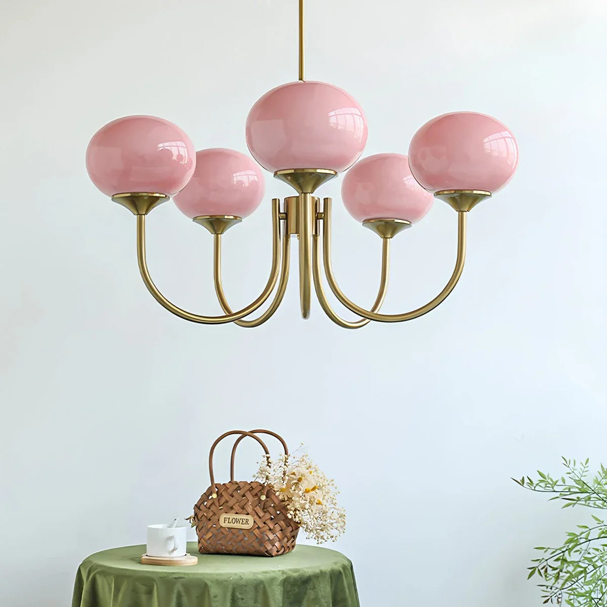 Feyran Pink Glass Globe Arm Chandelier for Living Room