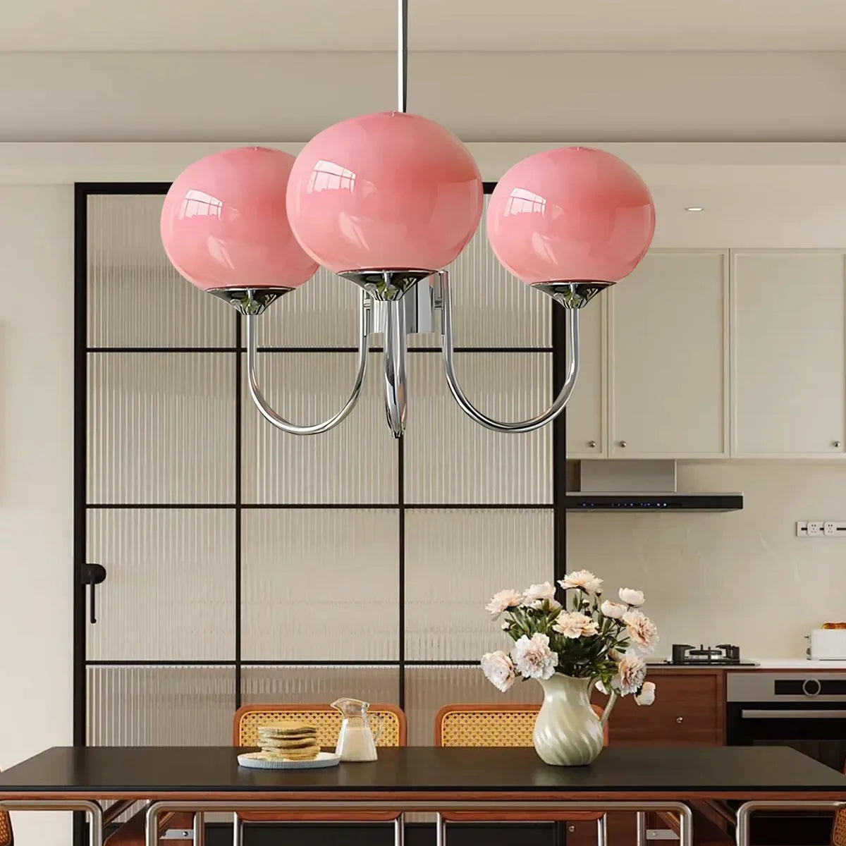 Feyran Pink Glass Globe Arm Chandelier for Living Room