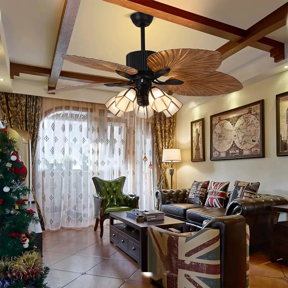 Feyran Tropical Palm Leaves Ceiling Fan with Light