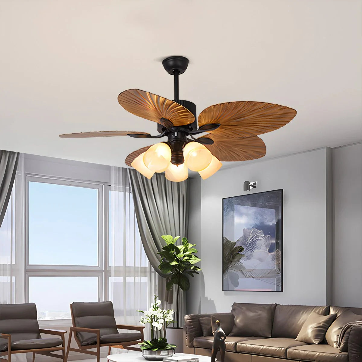 Feyran Tropical Palm Leaves Ceiling Fan with Light