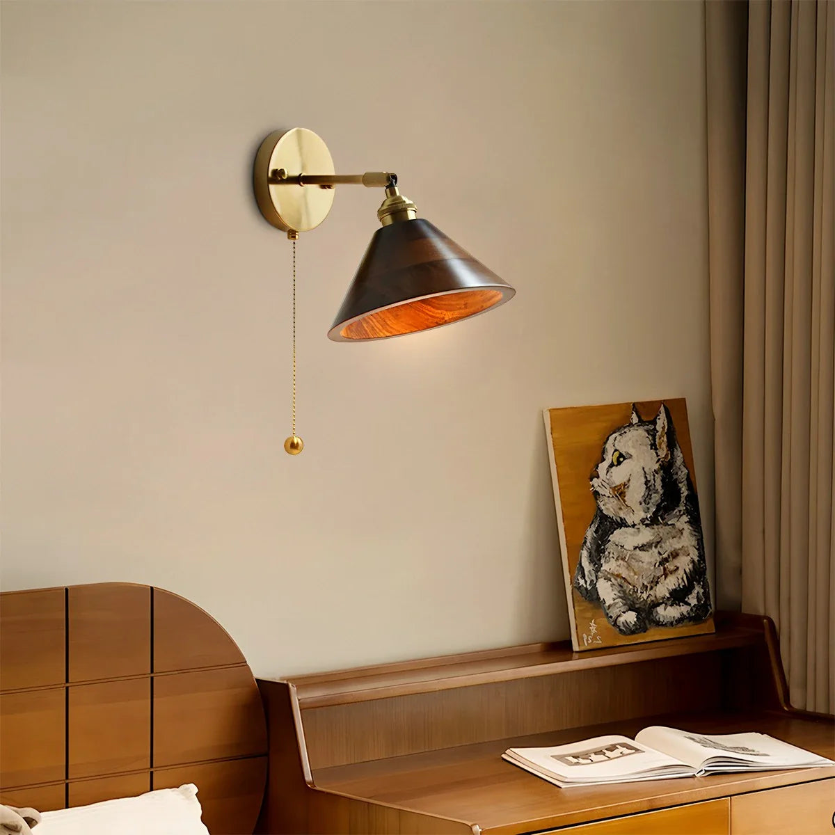 Feyran Vintage Wood Pull Chain Switch Wall Lamp