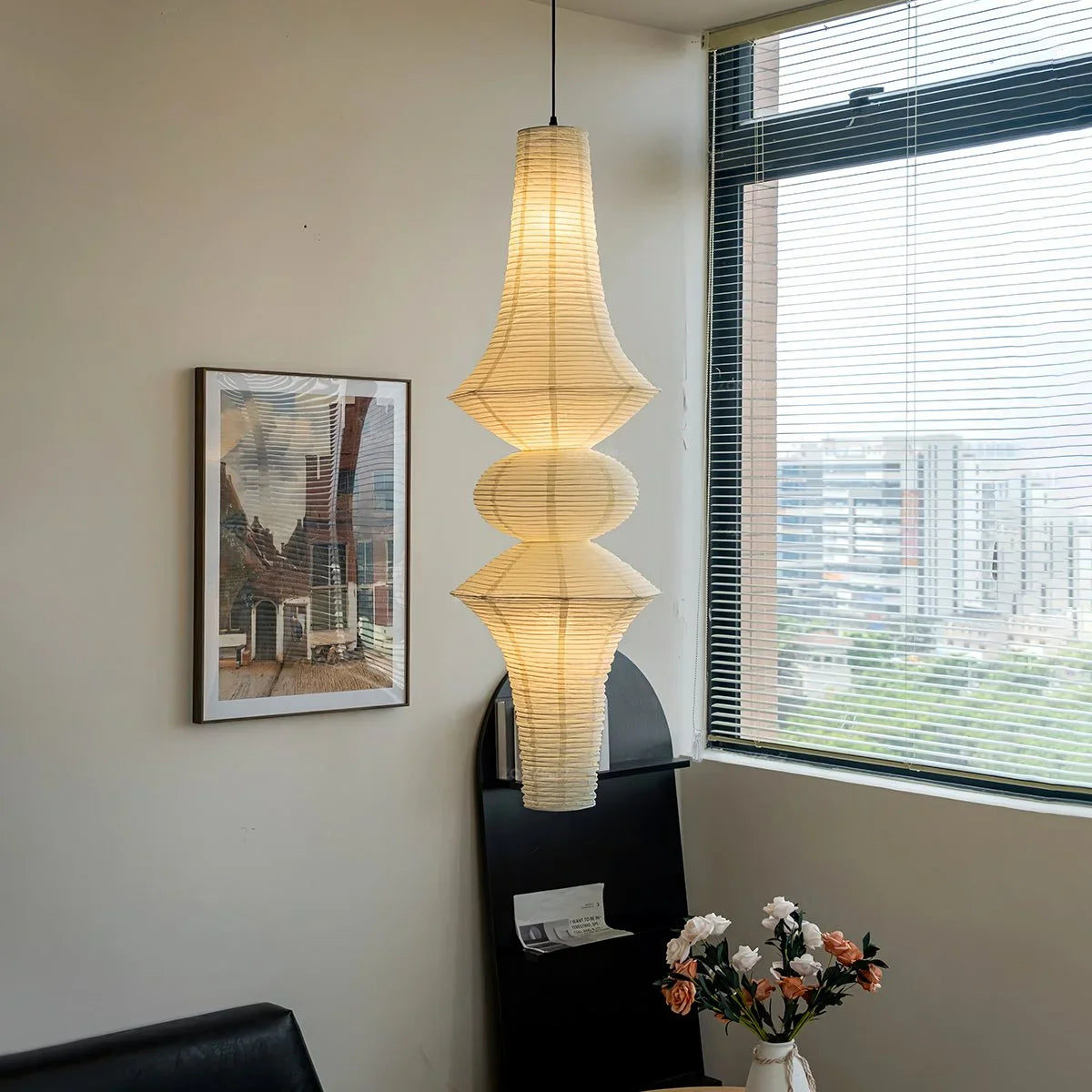 Feyran Washi Paper Corner Pendant Light for High Ceilings