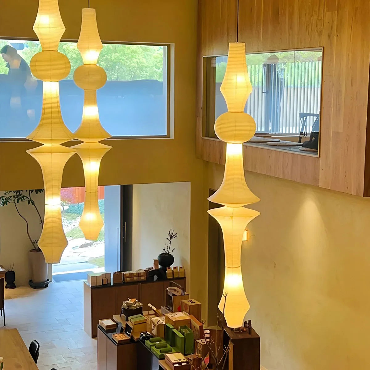 Feyran Washi Paper Corner Pendant Light for High Ceilings