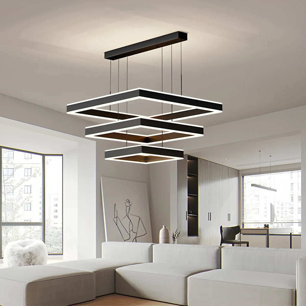 Feyran Tiered Black Square Pendant Lamp for Living Room