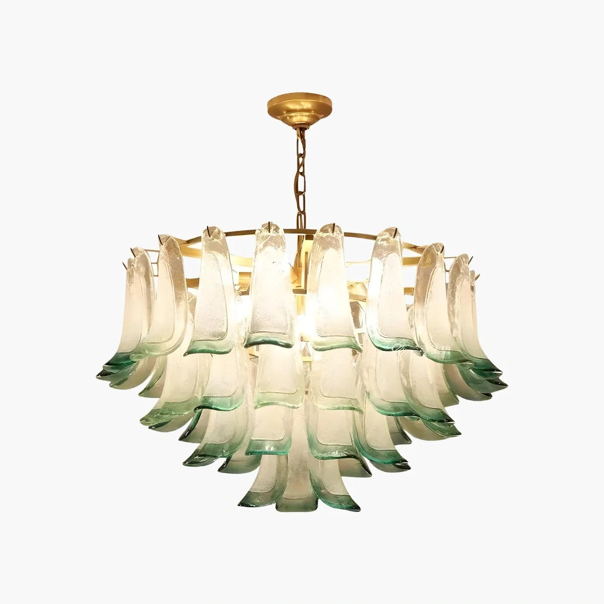 Feyran Gold Tiered Green Glass Chandelier for High Ceiling