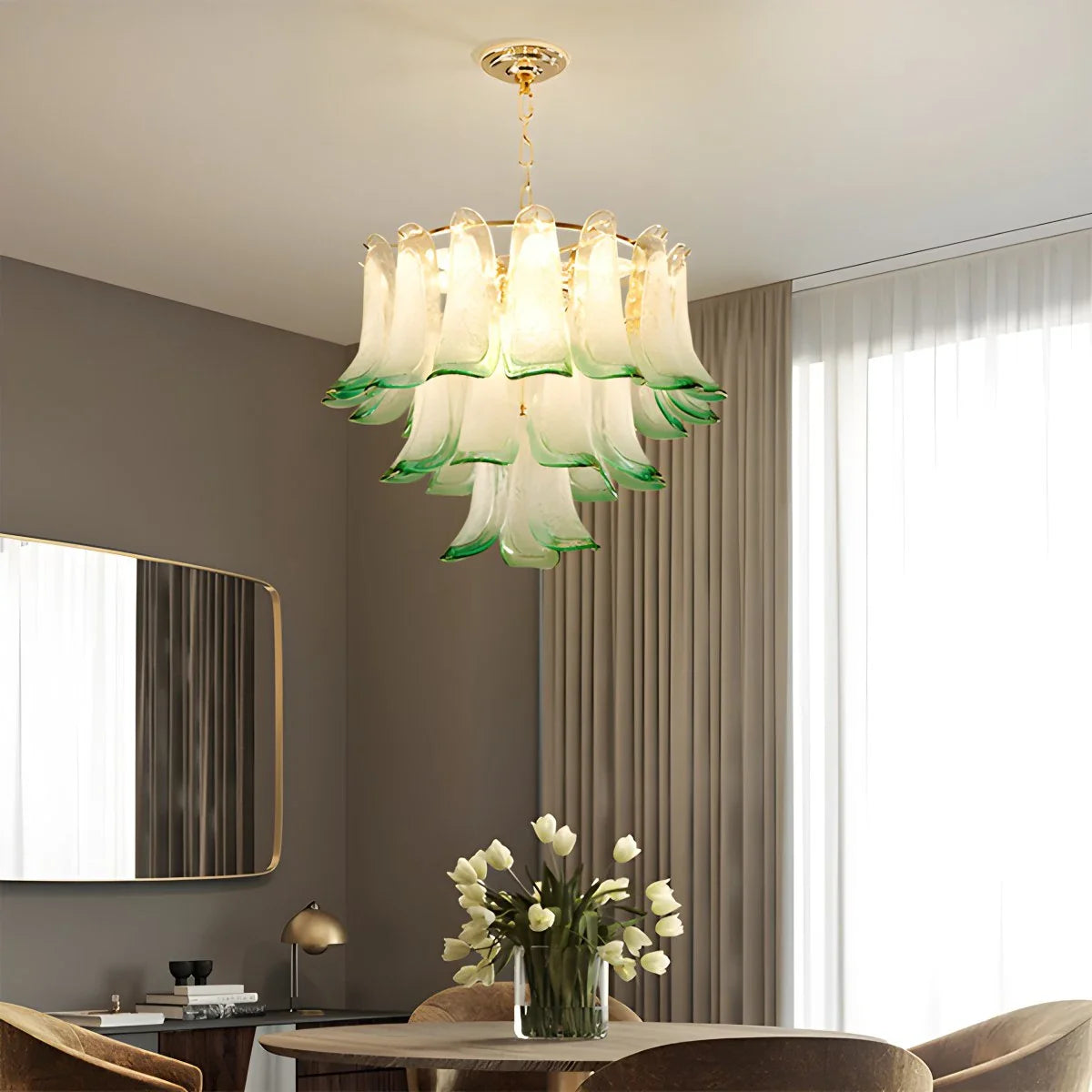 Feyran Gold Tiered Green Glass Chandelier for High Ceiling