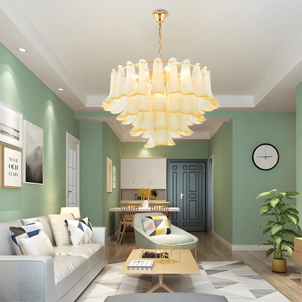 Feyran Gold Tiered Green Glass Chandelier for High Ceiling