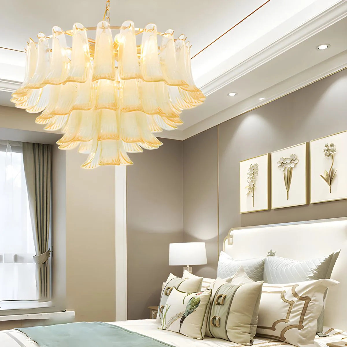 Feyran Gold Tiered Green Glass Chandelier for High Ceiling