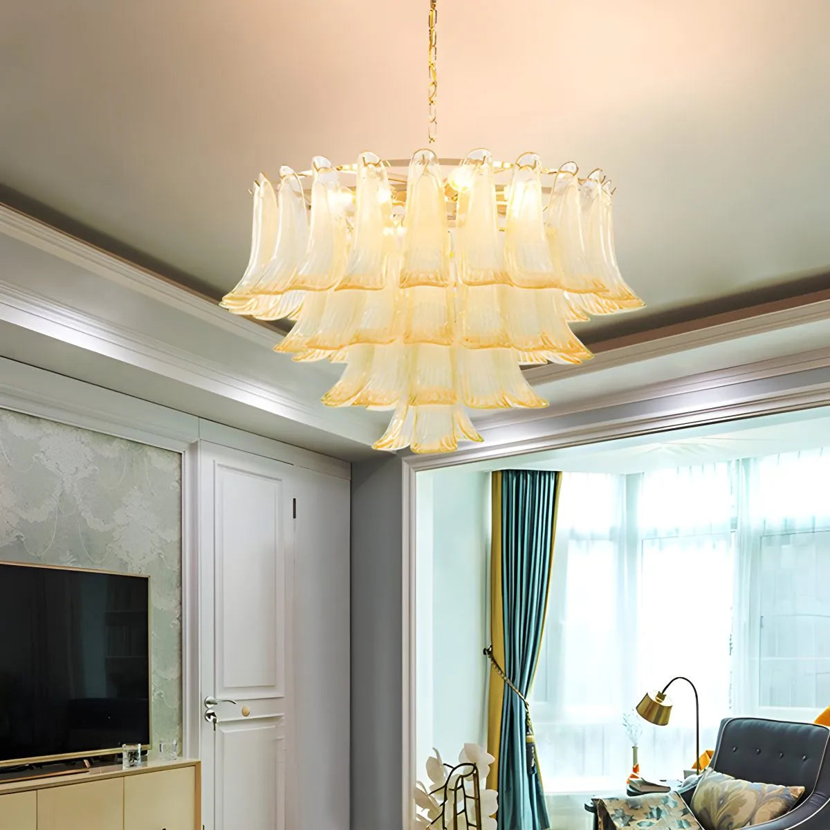Feyran Gold Tiered Green Glass Chandelier for High Ceiling