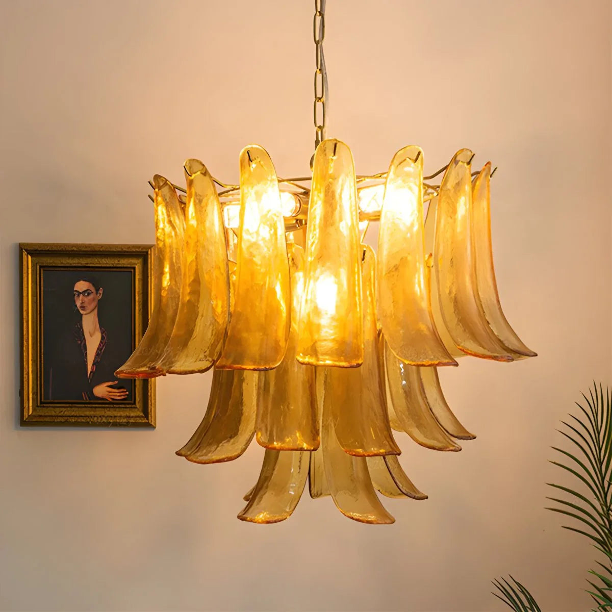Feyran Gold Tiered Green Glass Chandelier for High Ceiling