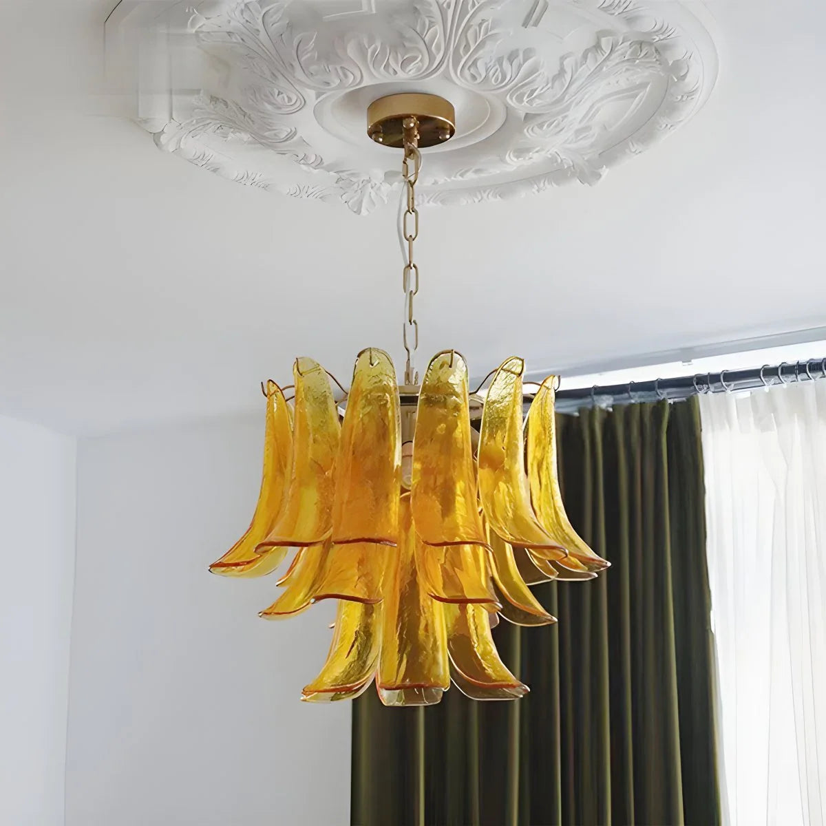 Feyran Gold Tiered Green Glass Chandelier for High Ceiling