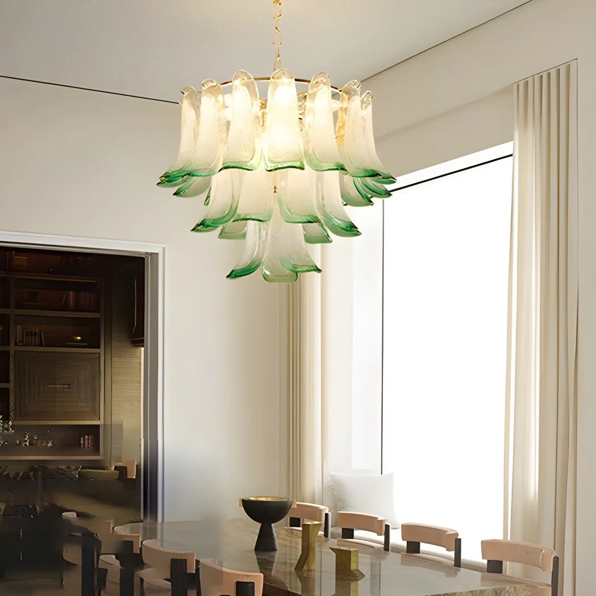 Feyran Gold Tiered Green Glass Chandelier for High Ceiling