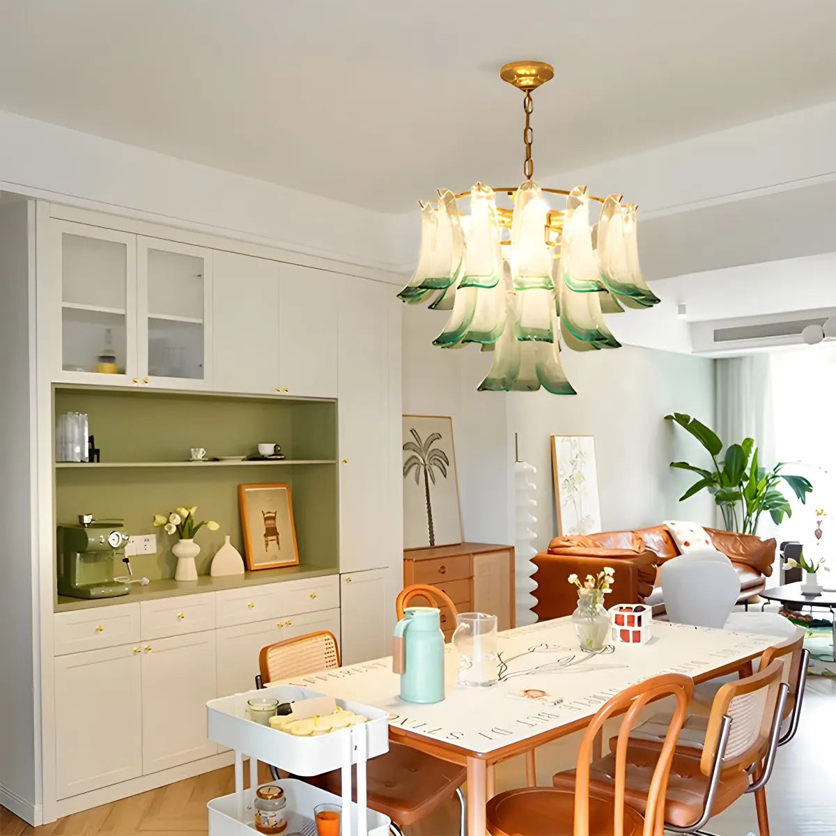 Feyran Gold Tiered Green Glass Chandelier for High Ceiling