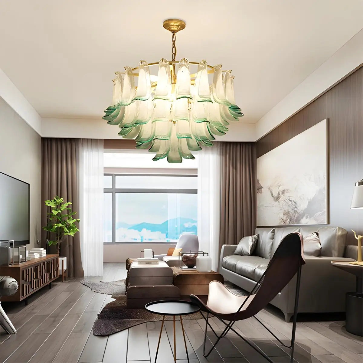 Feyran Gold Tiered Green Glass Chandelier for High Ceiling
