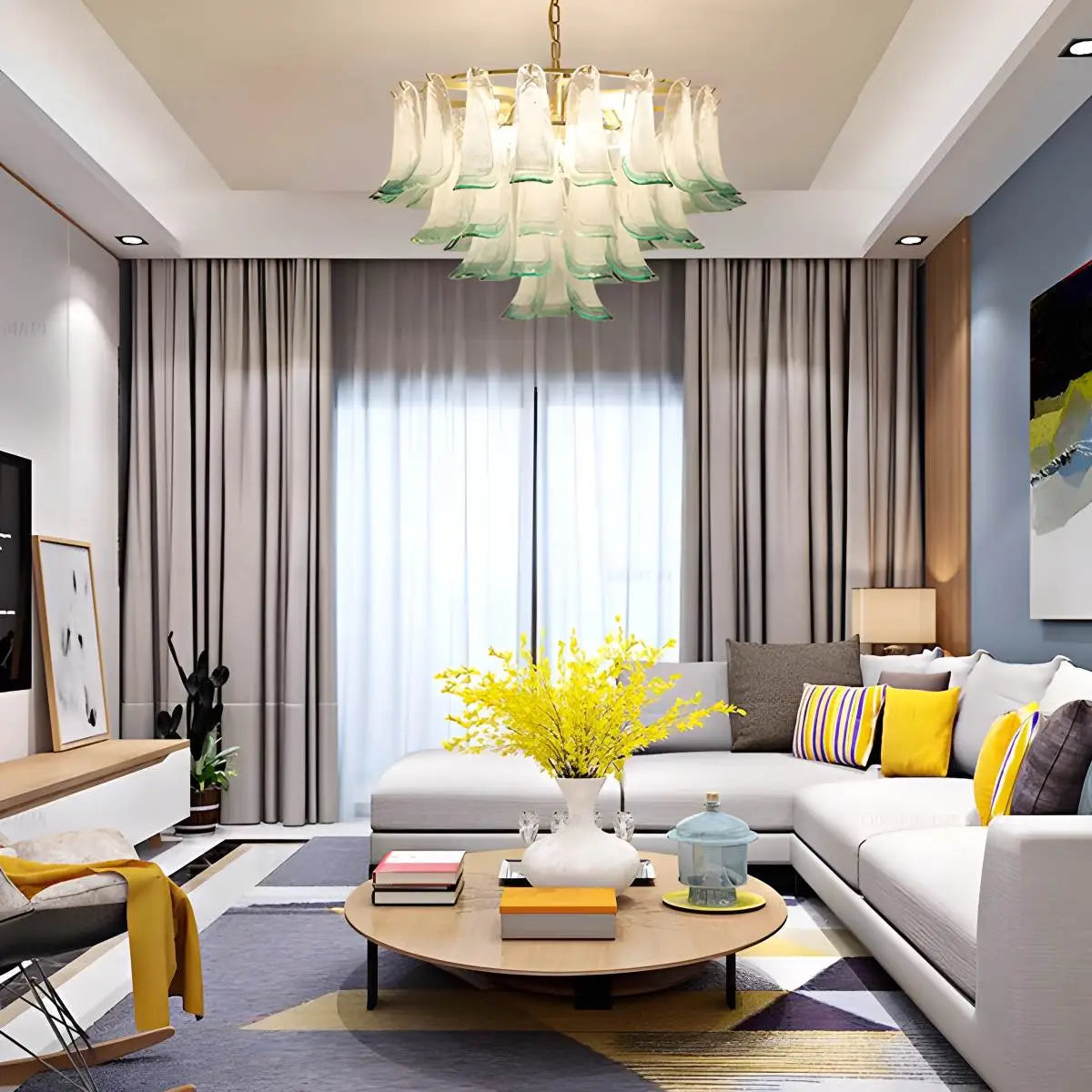 Feyran Gold Tiered Green Glass Chandelier for High Ceiling