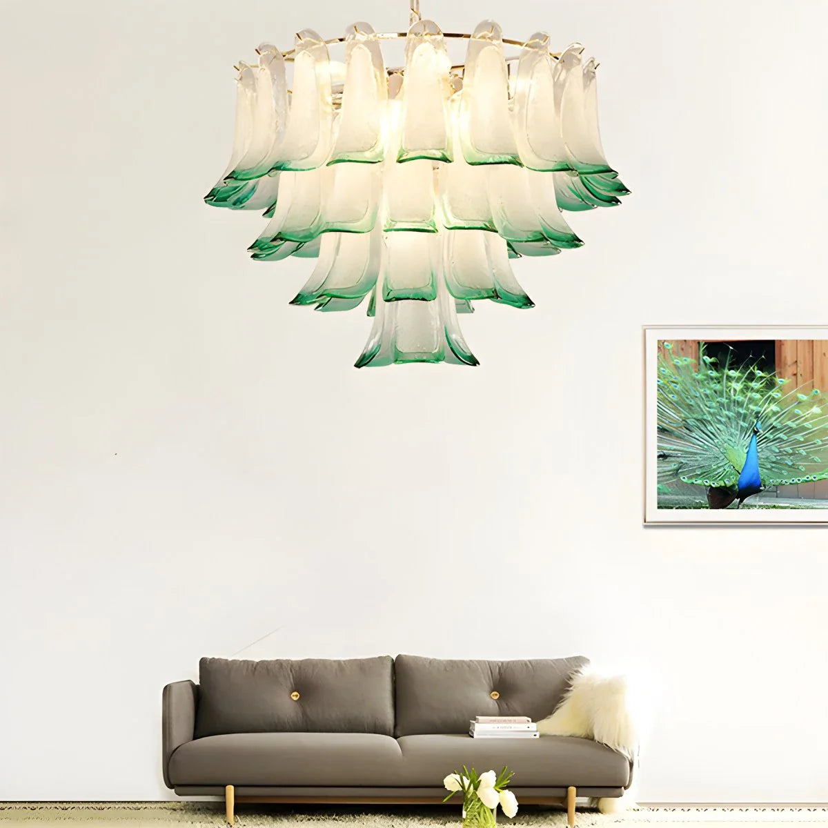 Feyran Gold Tiered Green Glass Chandelier for High Ceiling