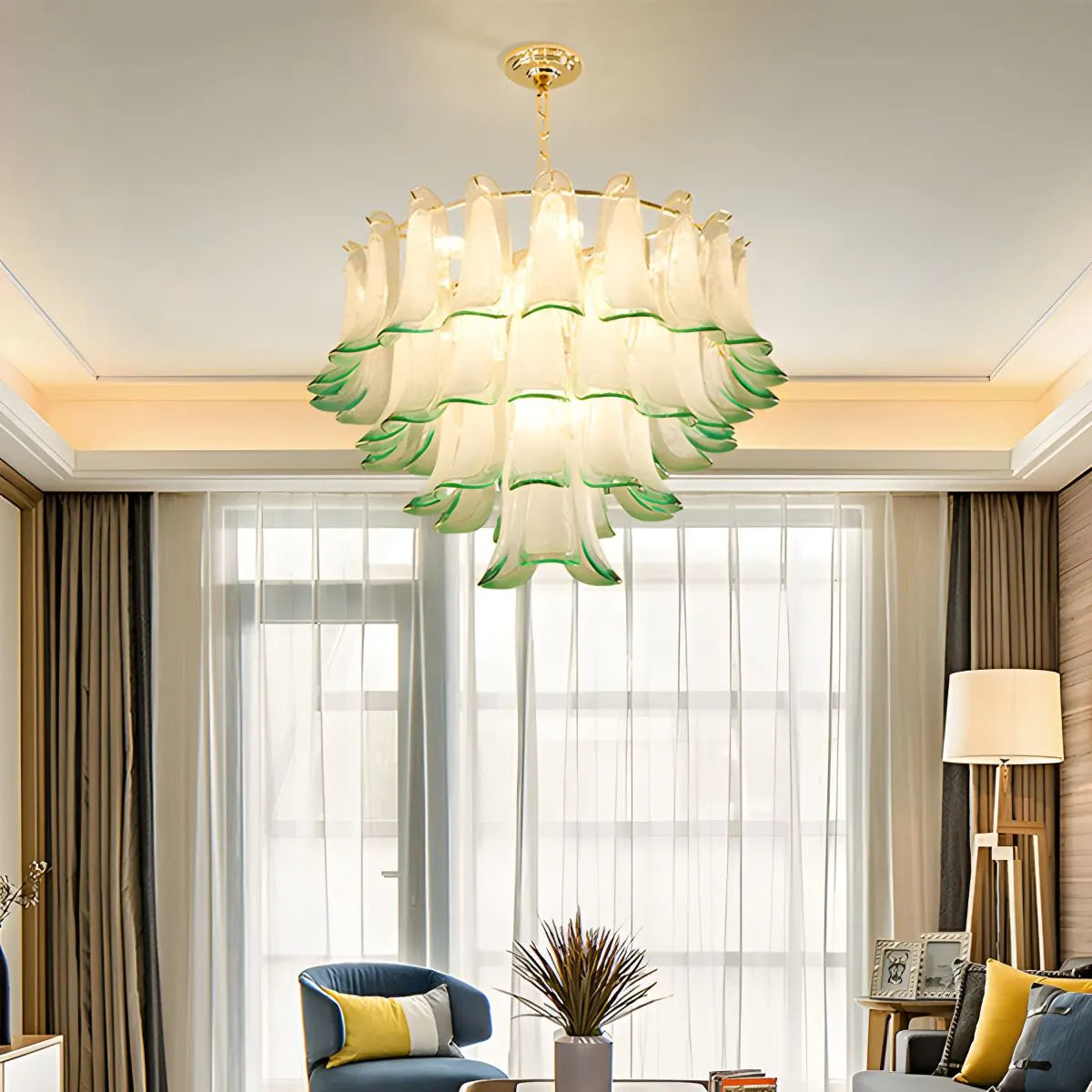Feyran Gold Tiered Green Glass Chandelier for High Ceiling