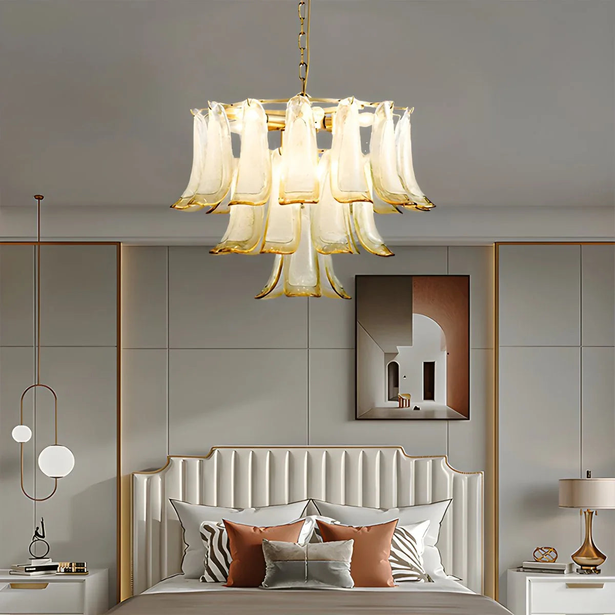 Feyran Gold Tiered Green Glass Chandelier for High Ceiling