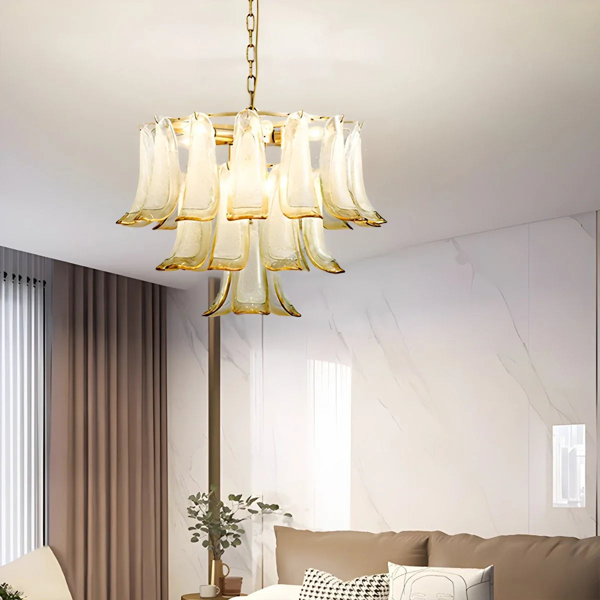 Feyran Gold Tiered Green Glass Chandelier for High Ceiling