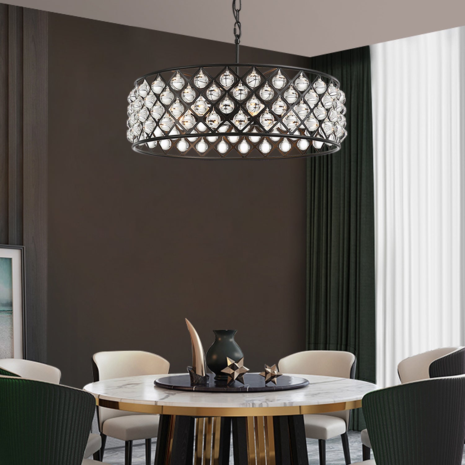 Black Drum Shape Crystal Chandelier - Pendant Light - Dining room | Feyran