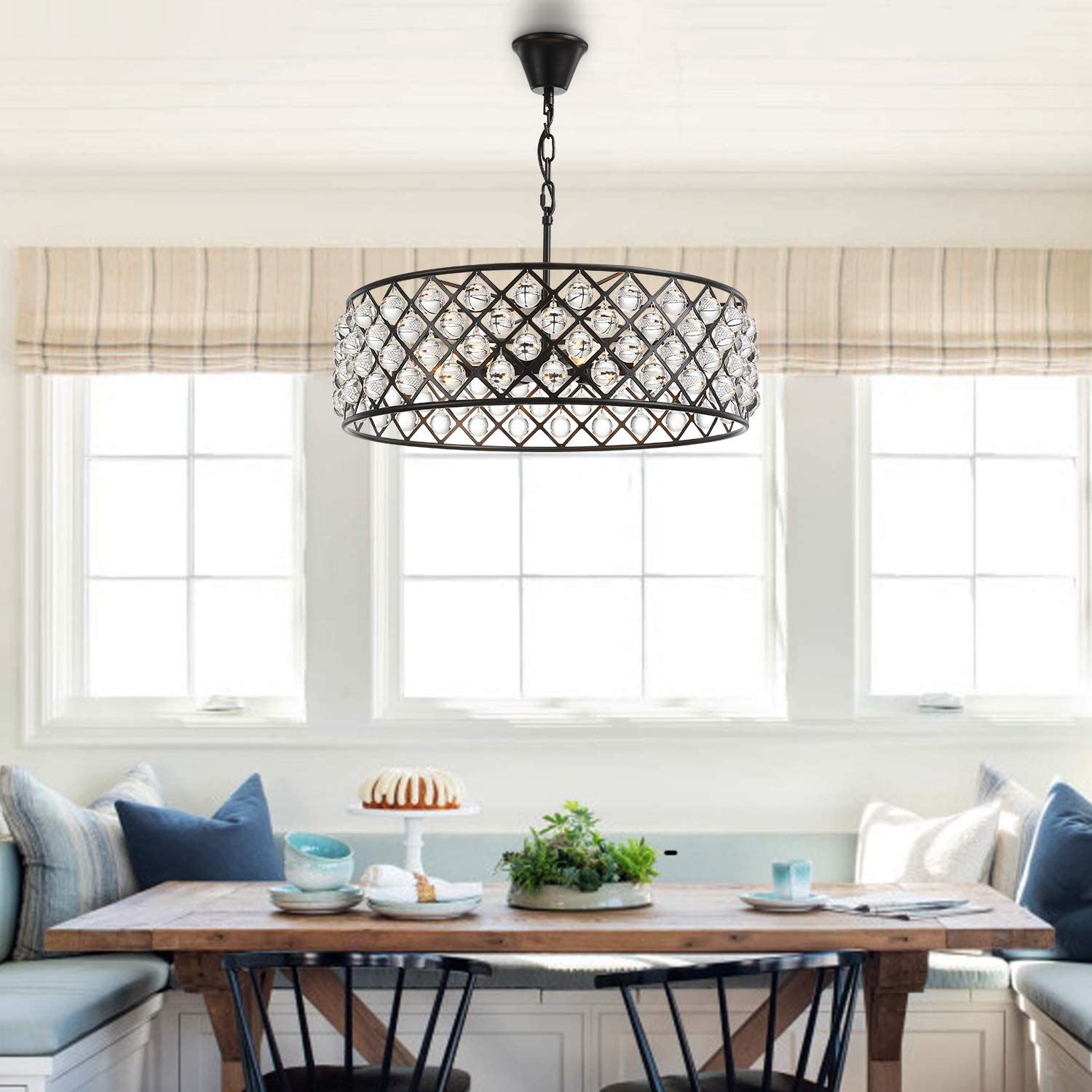 Black Drum Shape Crystal Chandelier - Pendant Light - Dining Room | Feyran