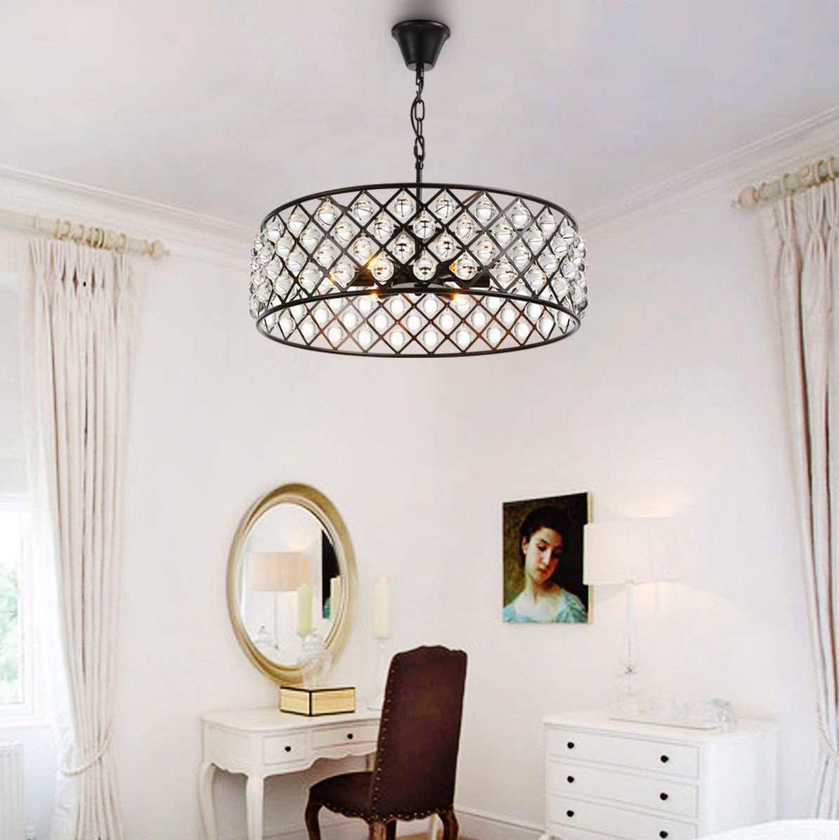 Black Drum Shape Crystal Chandelier - Pendant Light - Bedroom | Feyran