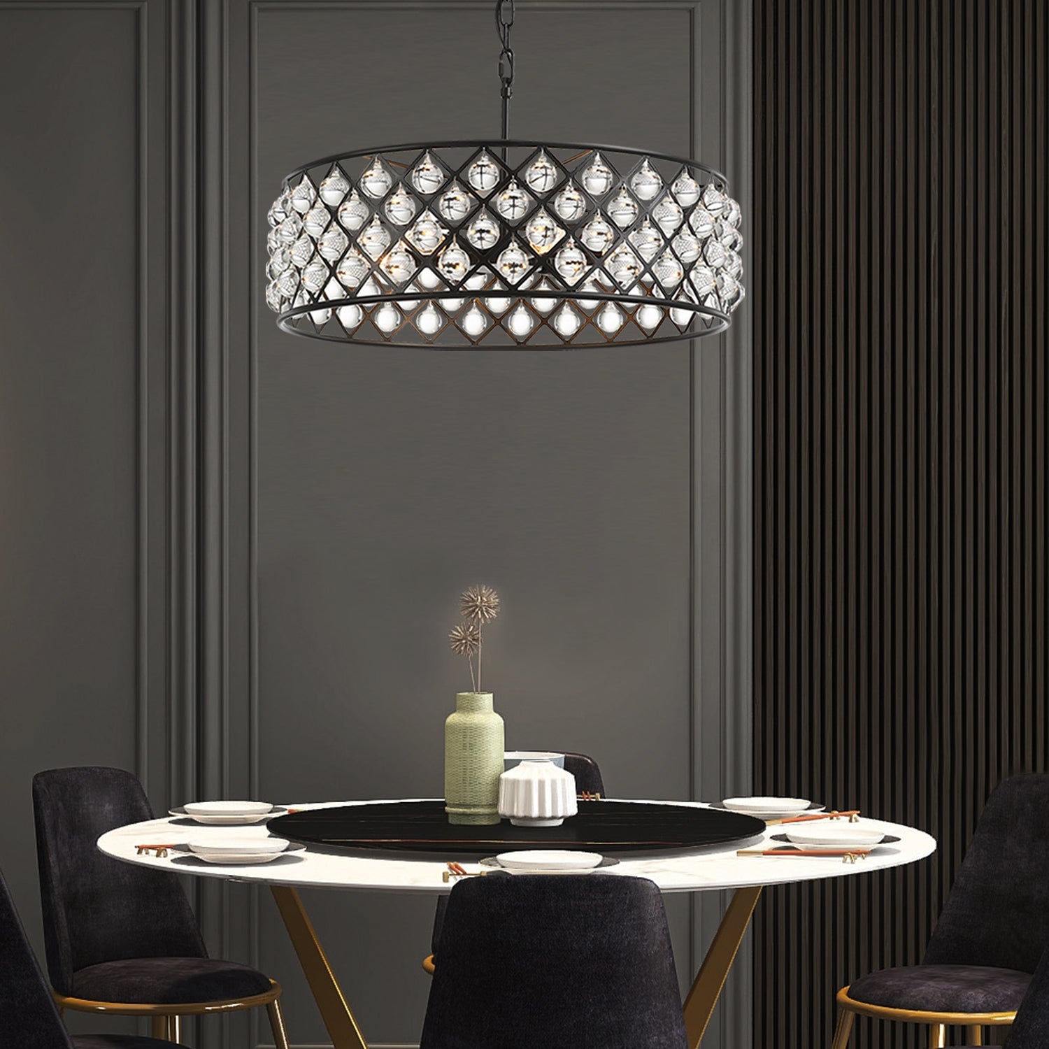 Black Drum Shape Crystal Chandelier - Pendant Light - Dining room | Feyran