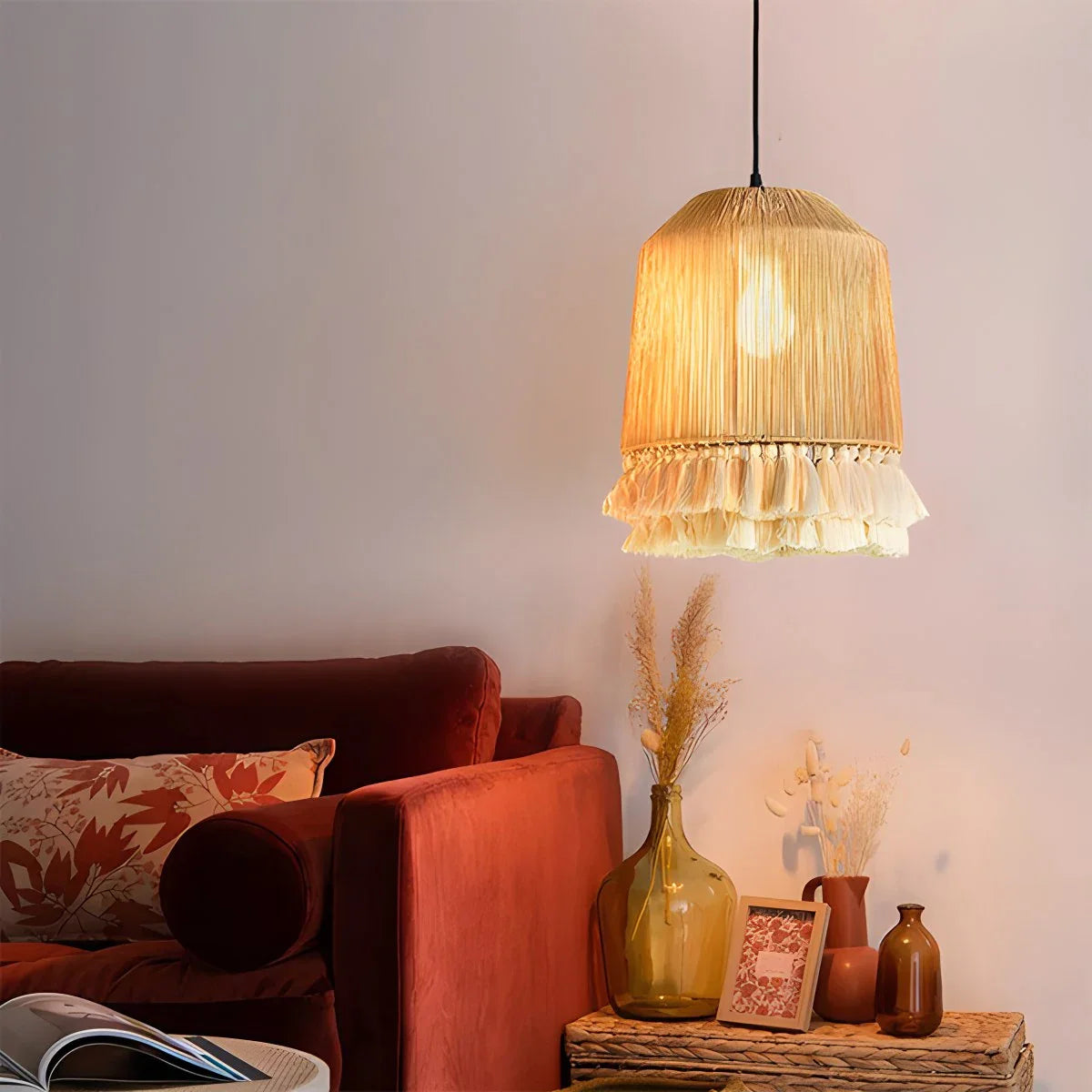 Feyran Boho Vintage Twine Fringe Pendant Light