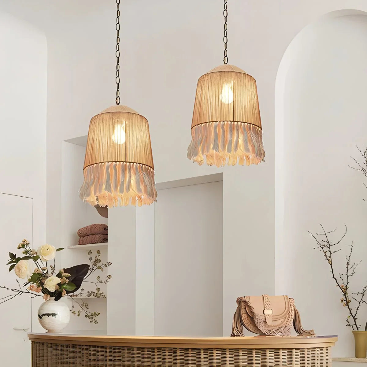 Feyran Boho Vintage Twine Fringe Pendant Light