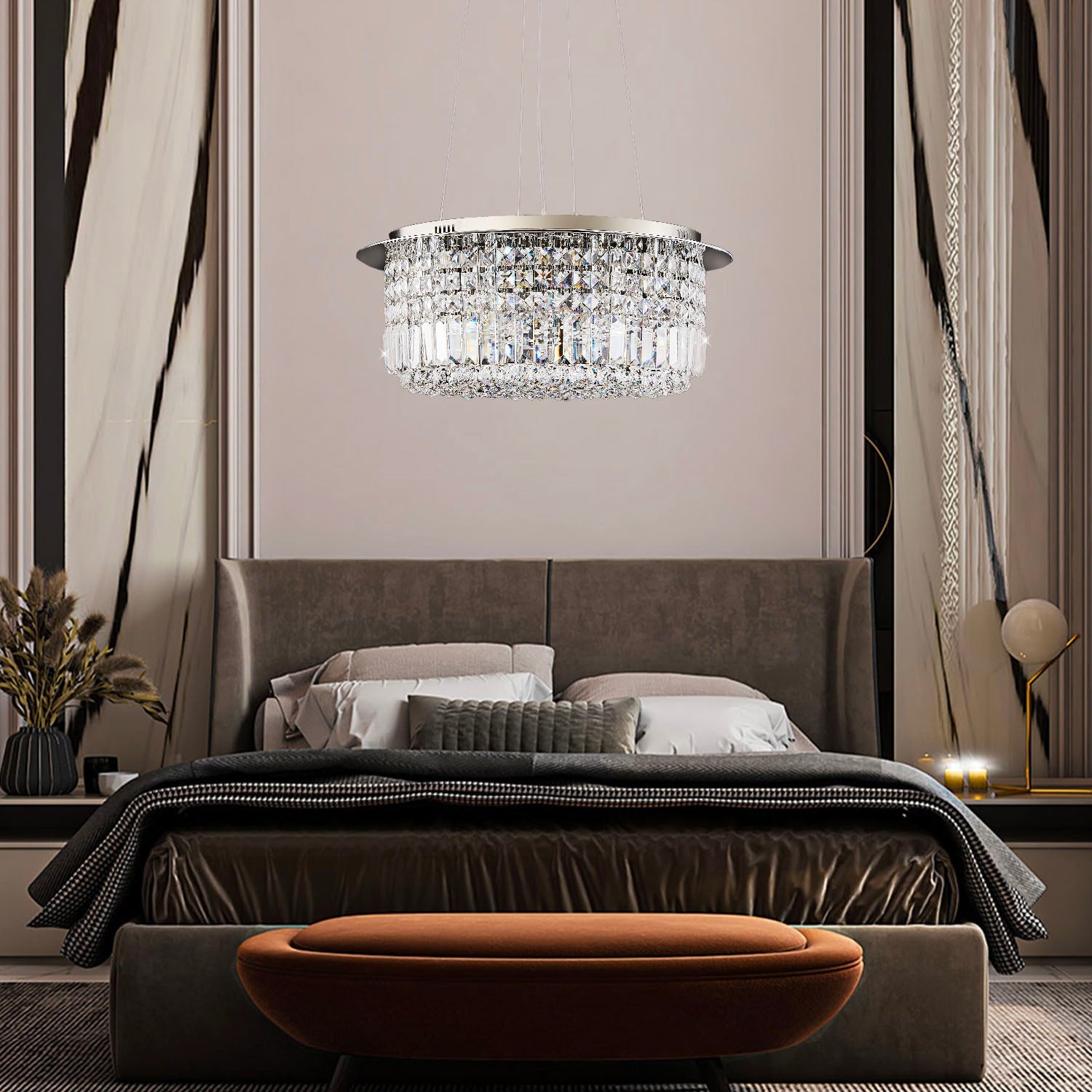 Modern Round Drum Crystal Chandelier - Bedroom | Feyran