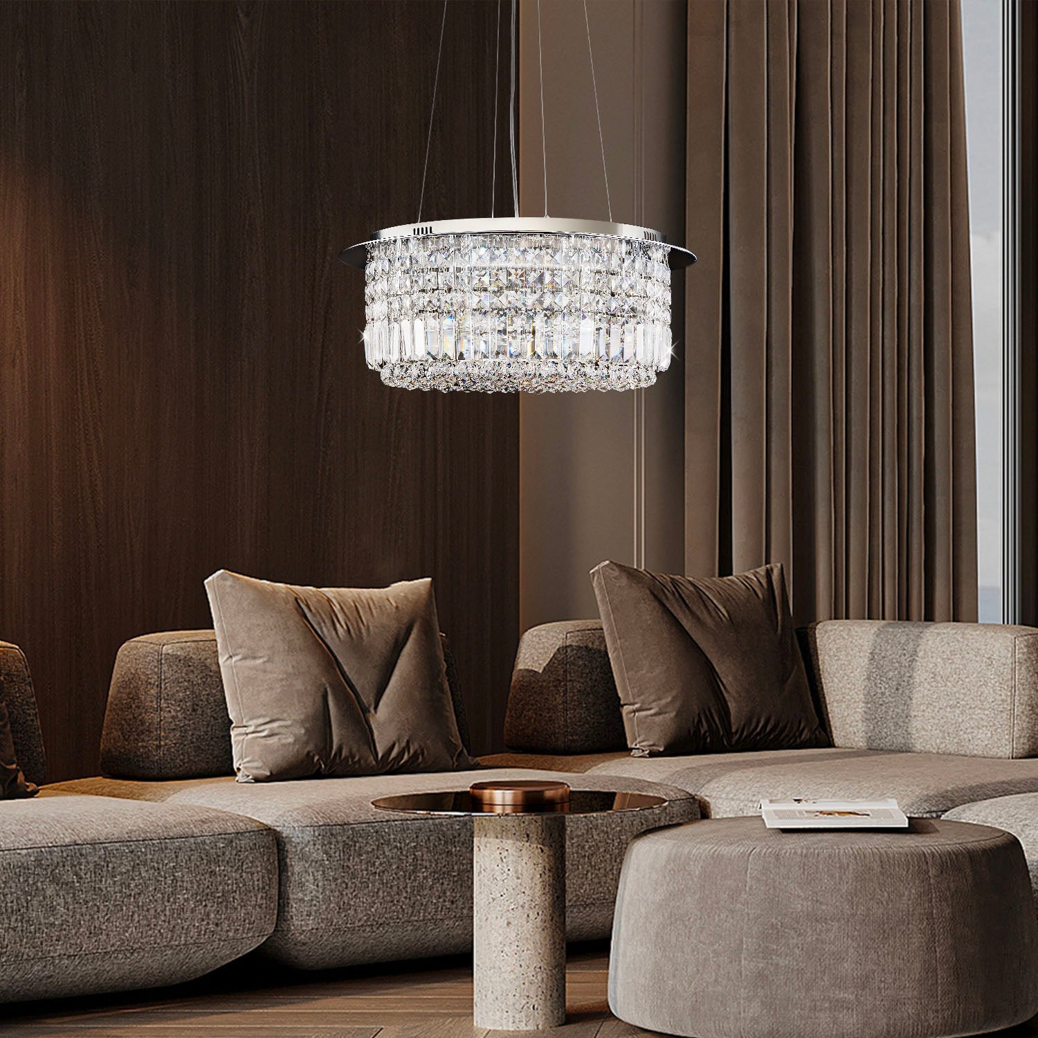 Modern Round Drum Crystal Chandelier - Living Room | Feyran