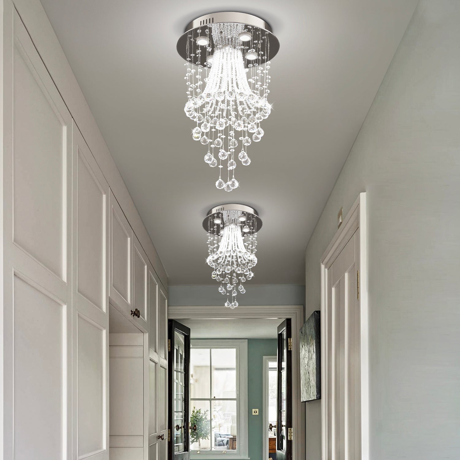 Modern Round Flush Mount Crystal Chandelier - Hallway | Feyran
