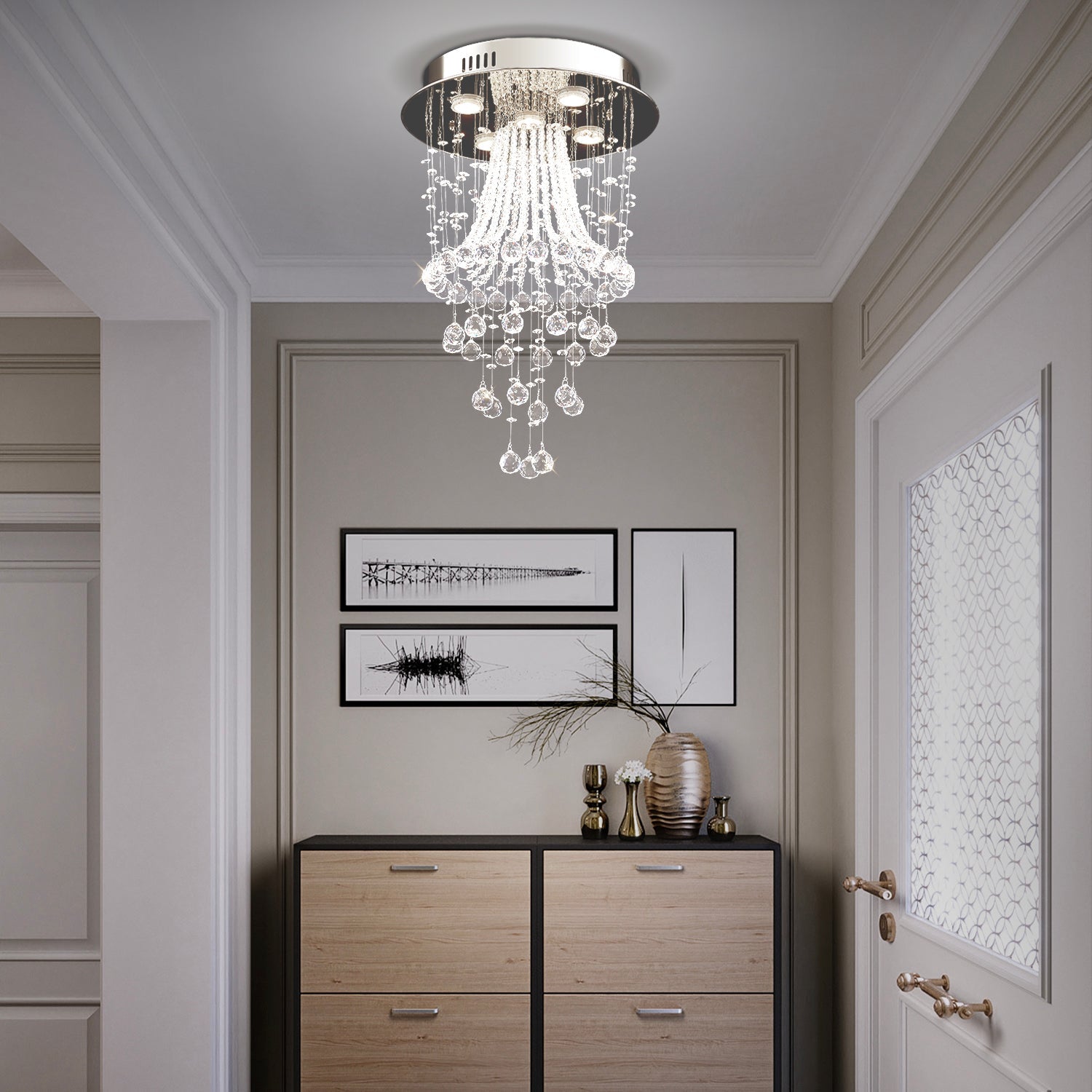 Modern Round Flush Mount Crystal Chandelier - entryway | Feyran