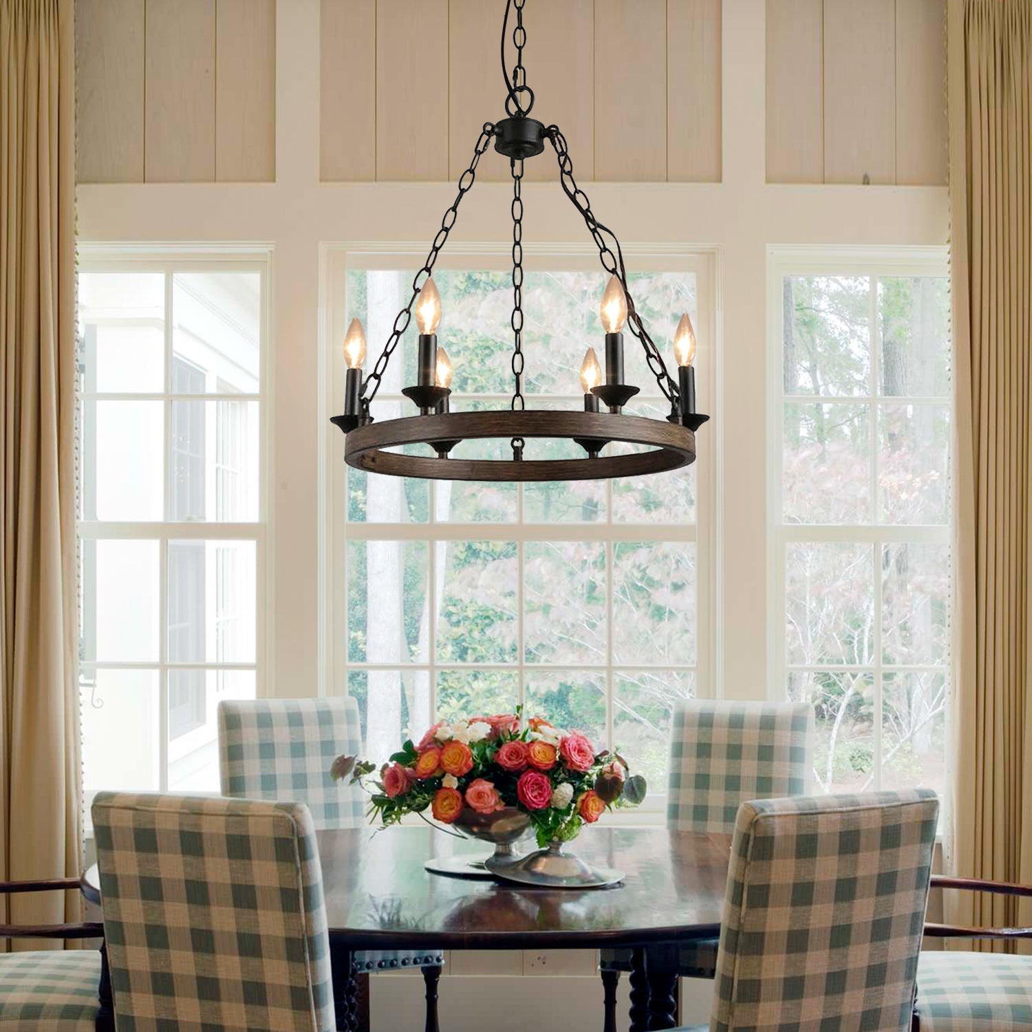 Candle Style Wagon Wheel Chandelier - Dining Room - Rustic Design | Feyran
