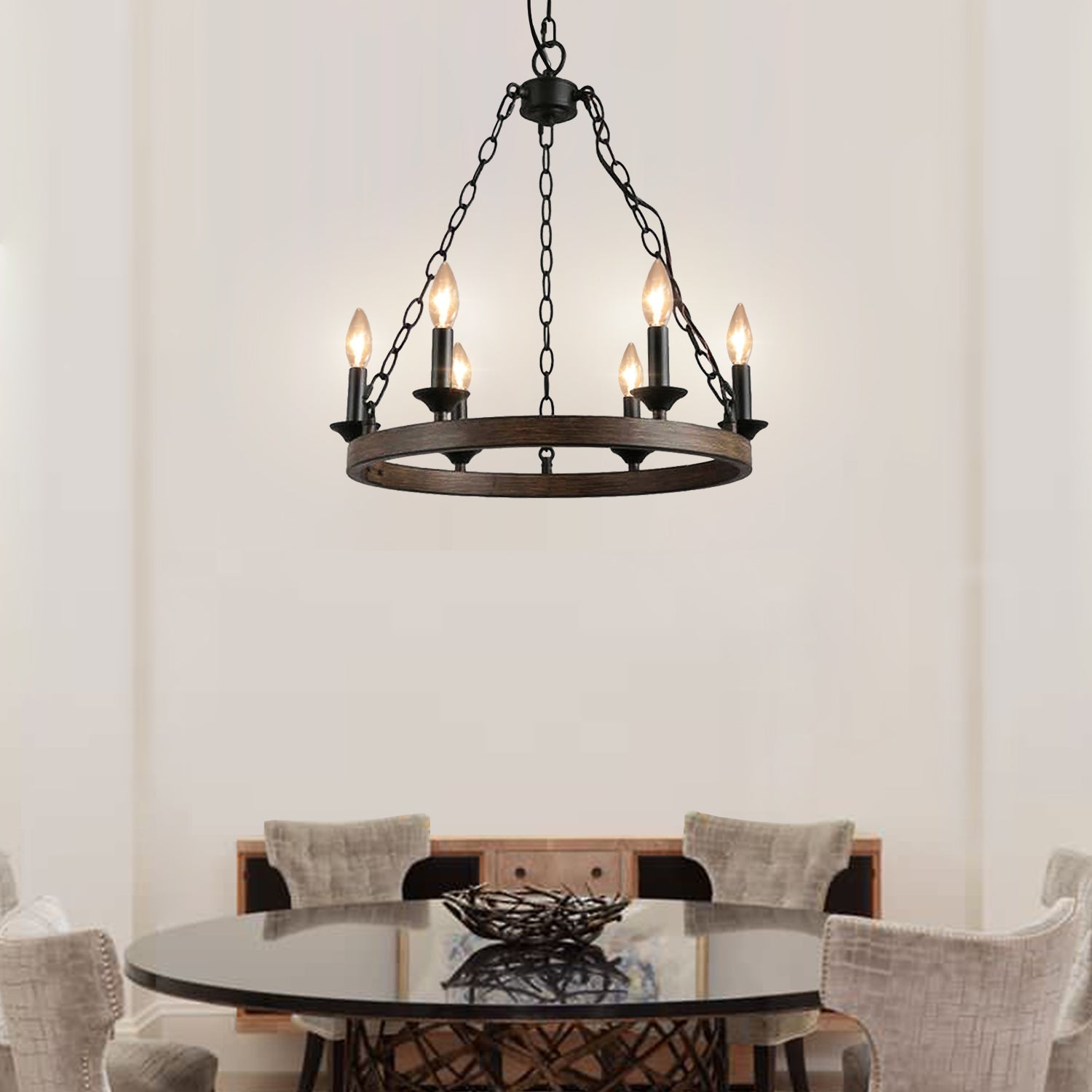 Candle Style Wagon Wheel Chandelier - Dining Room - Rustic Design | Feyran