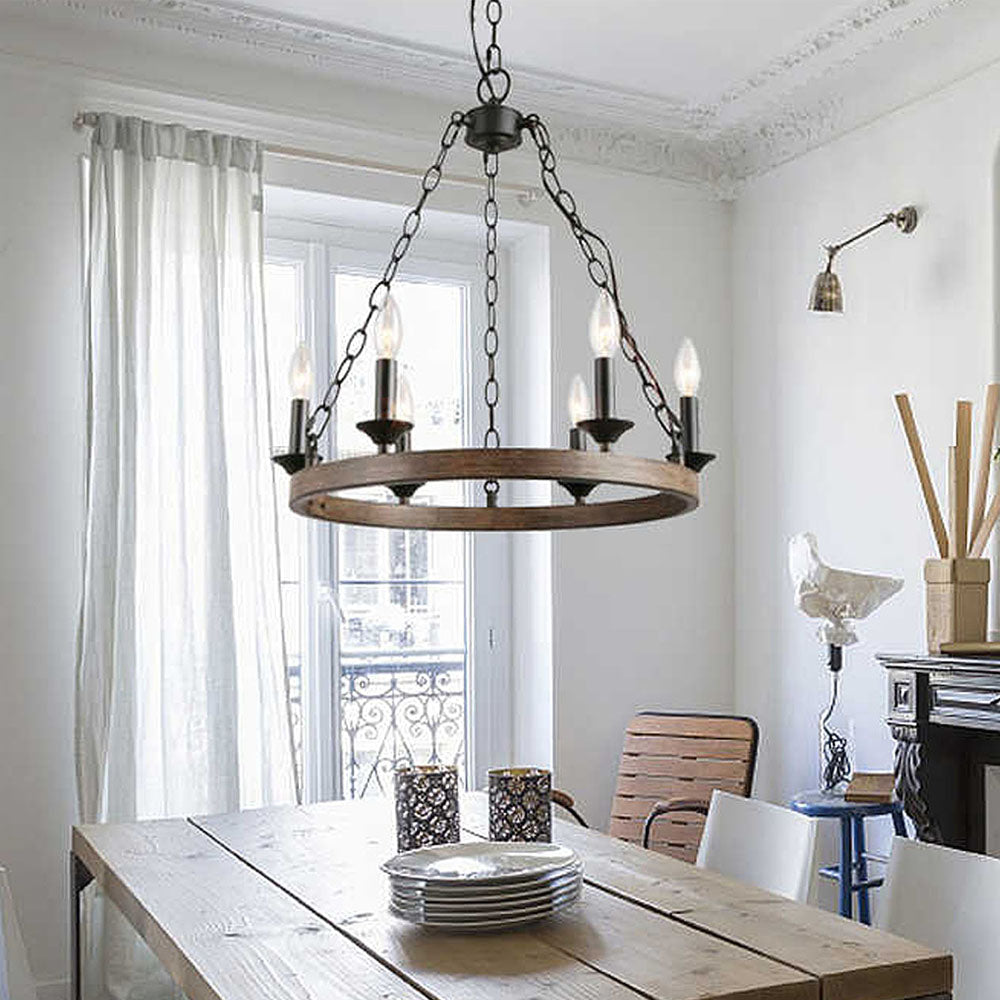 Candle Style Wagon Wheel Chandelier - Dining Room - Rustic Design | Feyran