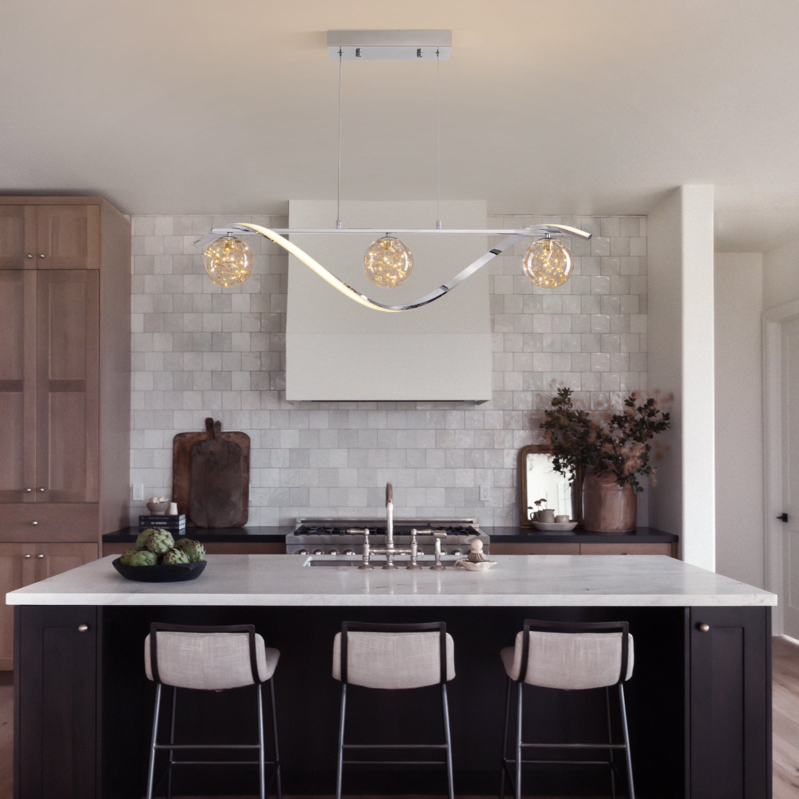 Chrome Linear LED Pendant with Glass Globe Shade - Feyran