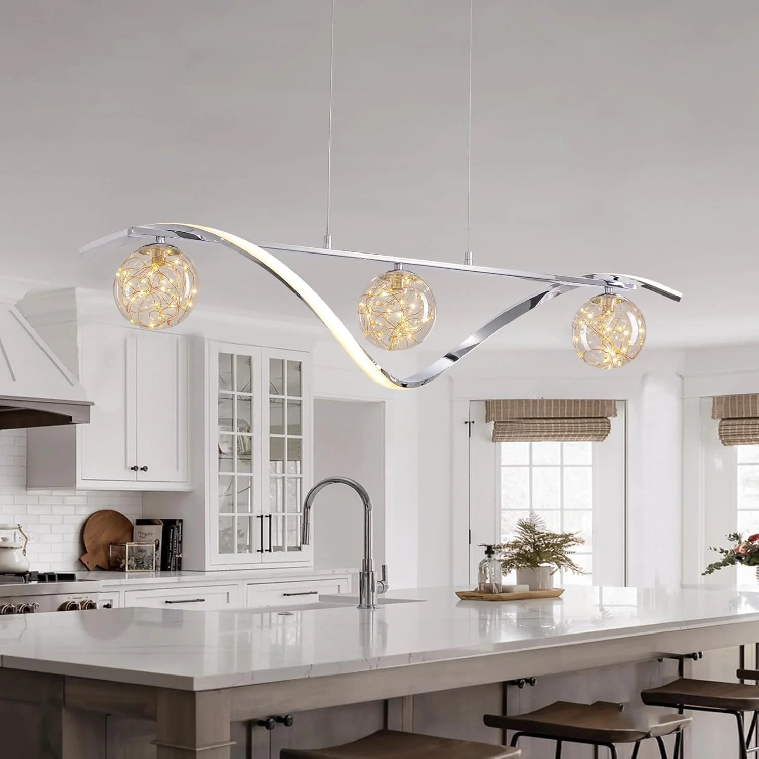 Chrome Linear LED Pendant with Glass Globe Shade - Feyran