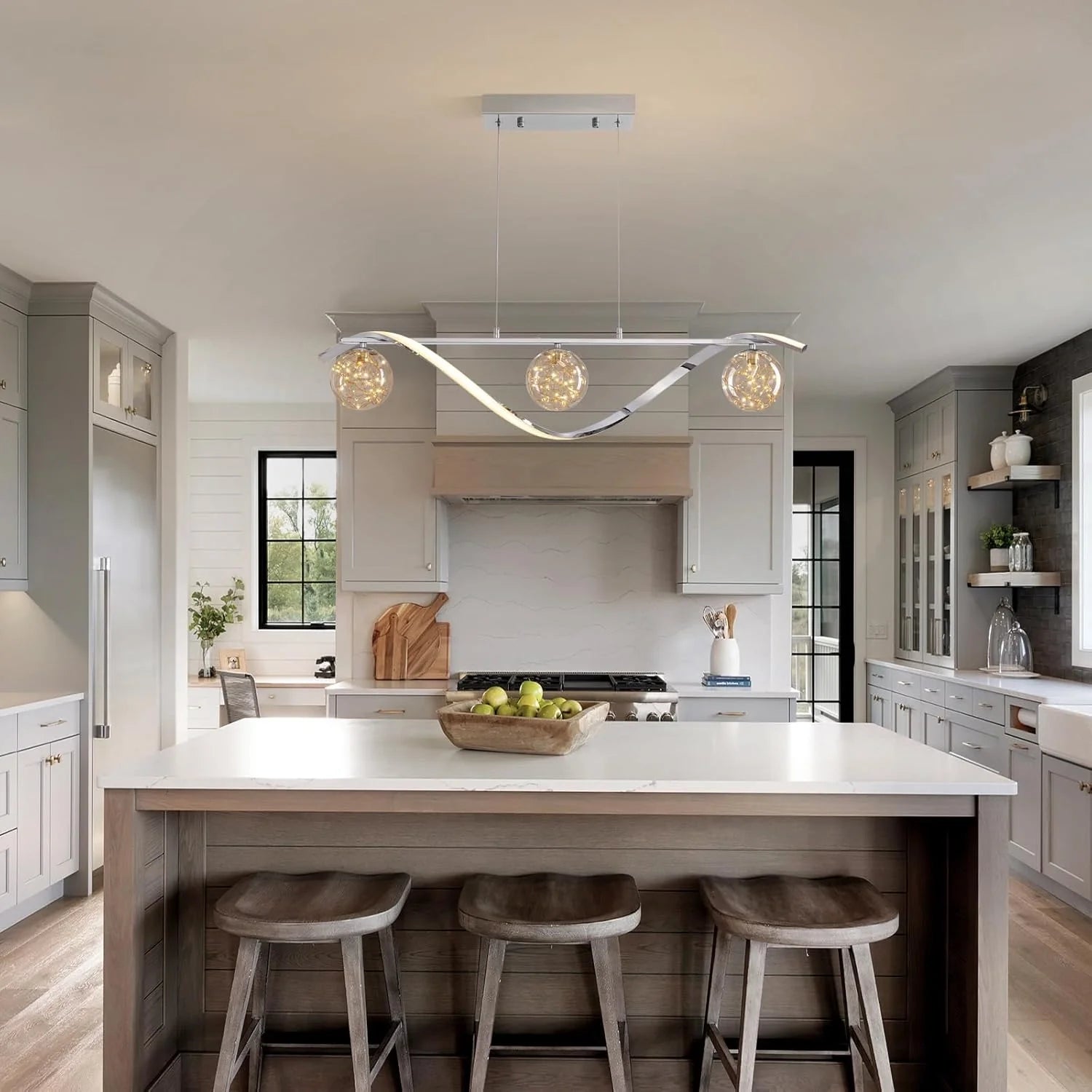 Chrome Linear LED Pendant with Glass Globe Shade - Feyran