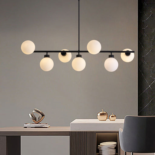 Contemporary Linear Black Chandelier with Milk Glass Globes ch357 20250704 Feyran