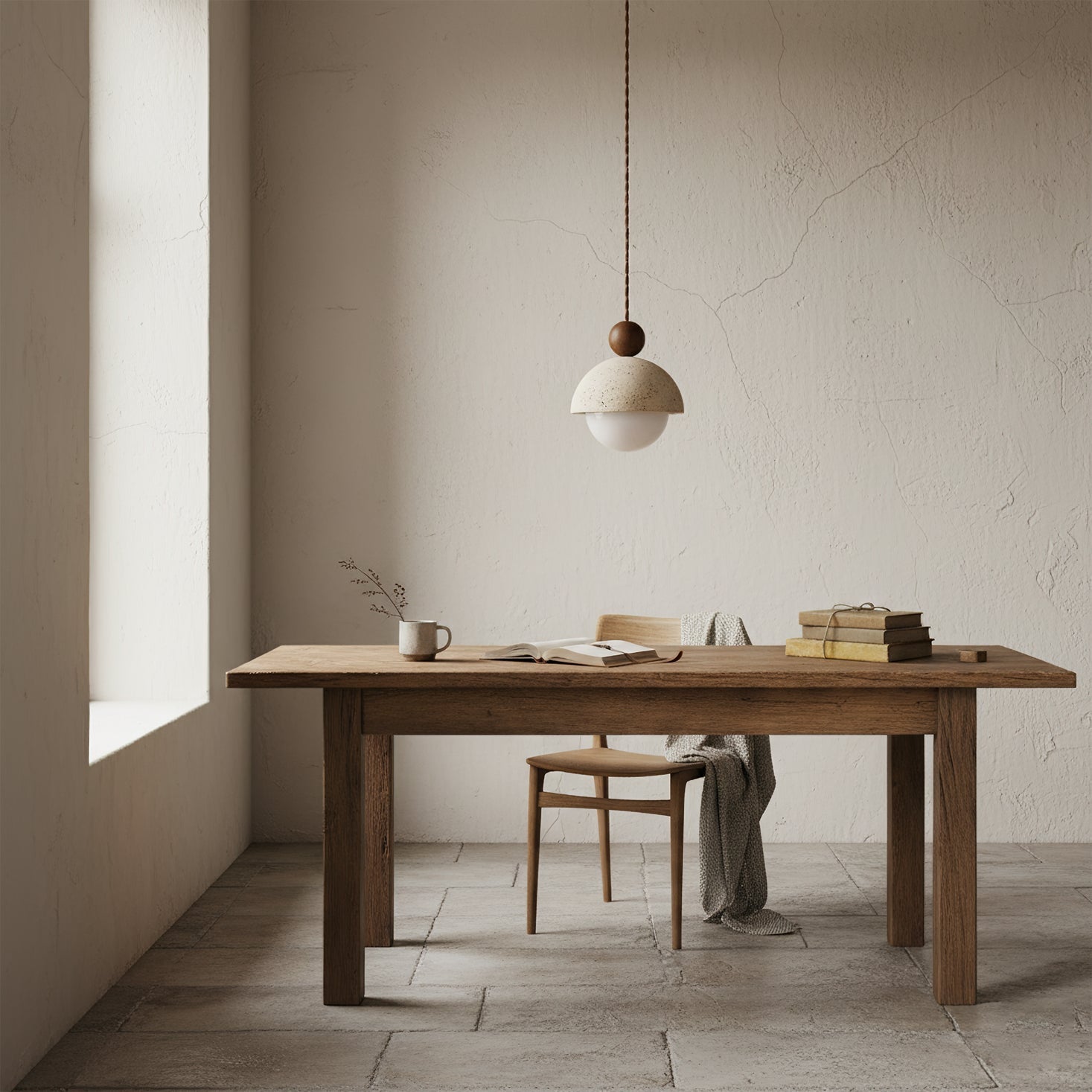 Palermo Travertine Glass Wood Pendant Light - Modern Elegant Ceiling Fixture